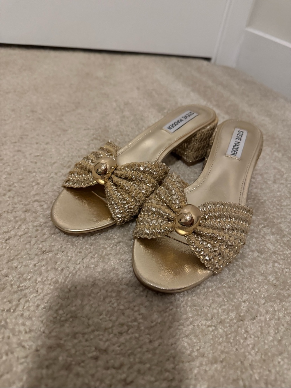 Steve Madden Metallic Gold Braided Bow Mid-Heel Mules